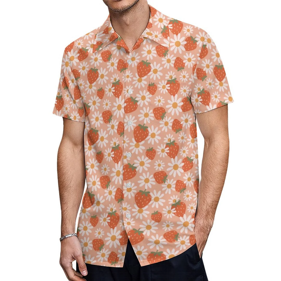 Short Sleeve Orange Red Strawberries Daisy Hawaiian Shirt Mens Button Down Plus Size Tropical Hawaii Beach Shirts