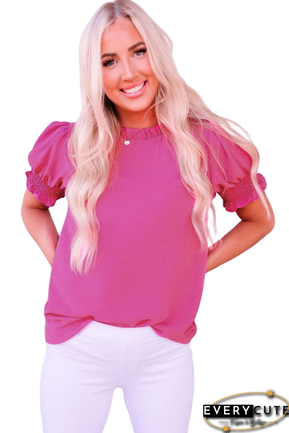 Rose Solid Color Smocked Puff Sleeve Blouse