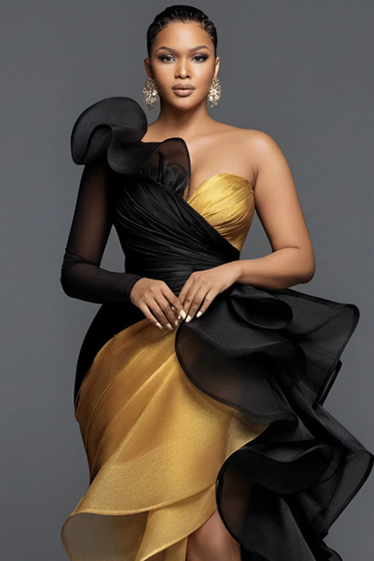 Xpluswear Design Plus Size Formal Gold Oblique Collar One Shoulder Long Sleeve Ruffle Elegant Asymmetric Hem Irregular Hem Maxi Dresses [Pre-Order]
