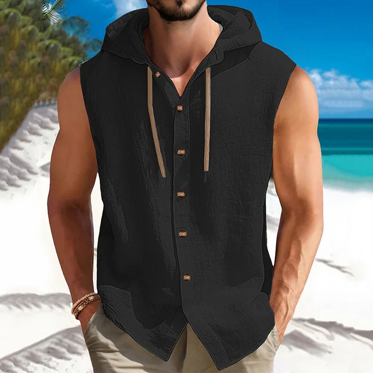 Men's Solid Simple Button Linen Blend Sleeveless Hooded Shirt