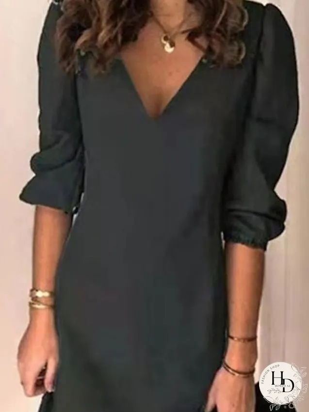 Casual Dress Shift Dress Mini Dress Black Navy Blue Blue 3/4 Length Sleeve Pure Color Slim Spring Summer V Neck Basic Daily Vacation Weekend S M L XL XXL 3XL for Women