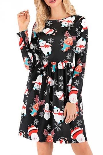 Pocket Long Sleeve Christmas Dress Black-elleschic