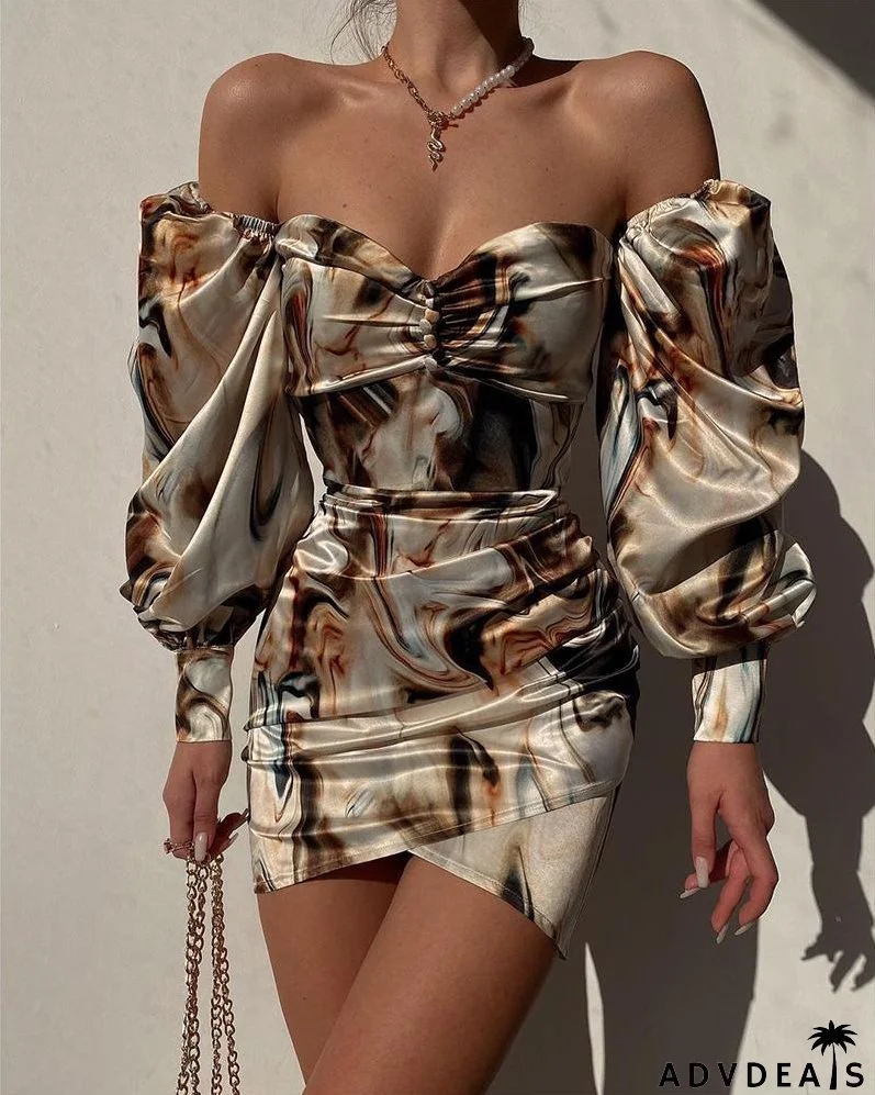Abstract Print Off Shoulder Ruched Bodycon Dress