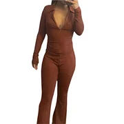 Ejimei Long Sleeve Jumpsuit Women Zipped Turn-down Collar Rompers Full Body Tight Fitting Woman Overalls Solid Ladies Flare Pants 2025