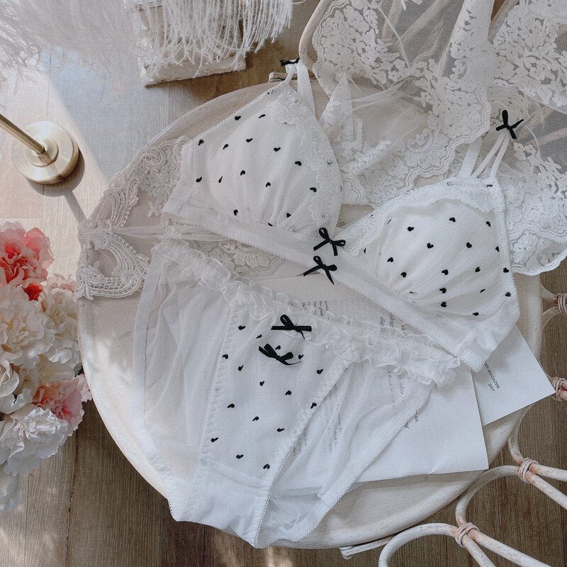 Wriufred Underwear suit girl sweet cute hollow embroidery lingerie set cotton lace edge tube top thin bra set gathered bralette