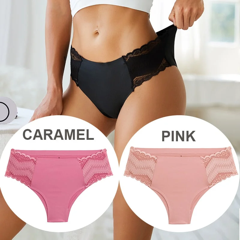 FINETOO 2PCS/Set Seamless Women Pantys Girls Lingerie High Waisted Lace Woman Briefs 8 Solid Colors S-XL Sexy Underpants Women