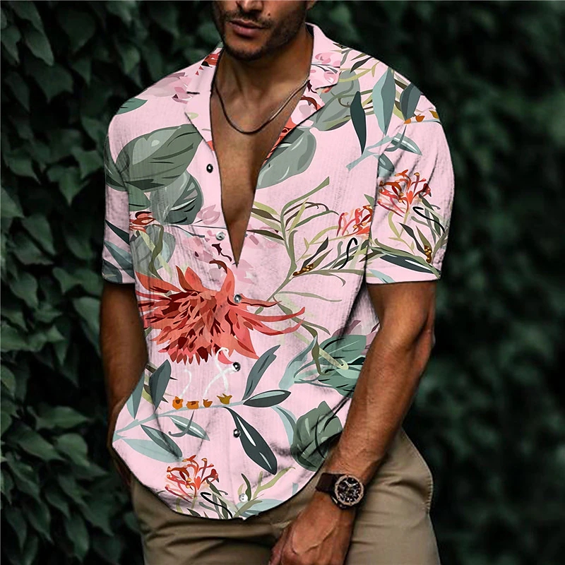 men's shirt print floral turndown street button-down print short sleeve tops casual fashion designer breathable pink