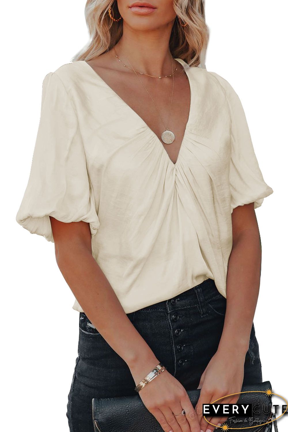 Satin Puff Sleeve V Neck Blouse