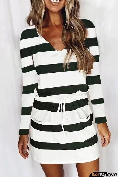 V-neck Casual Colorful Striped Knit Dress.