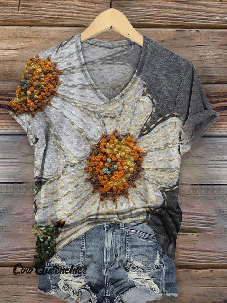 Women&rsquo;s Vintage Floral Art Print V-neck Casual T-Shirt Multicolor / S