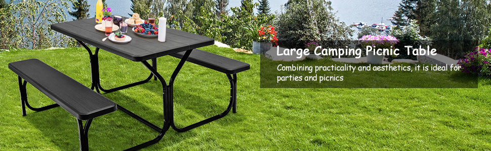 Outdoor Camping Picnic Table Bench Set with All Weather Metal Base