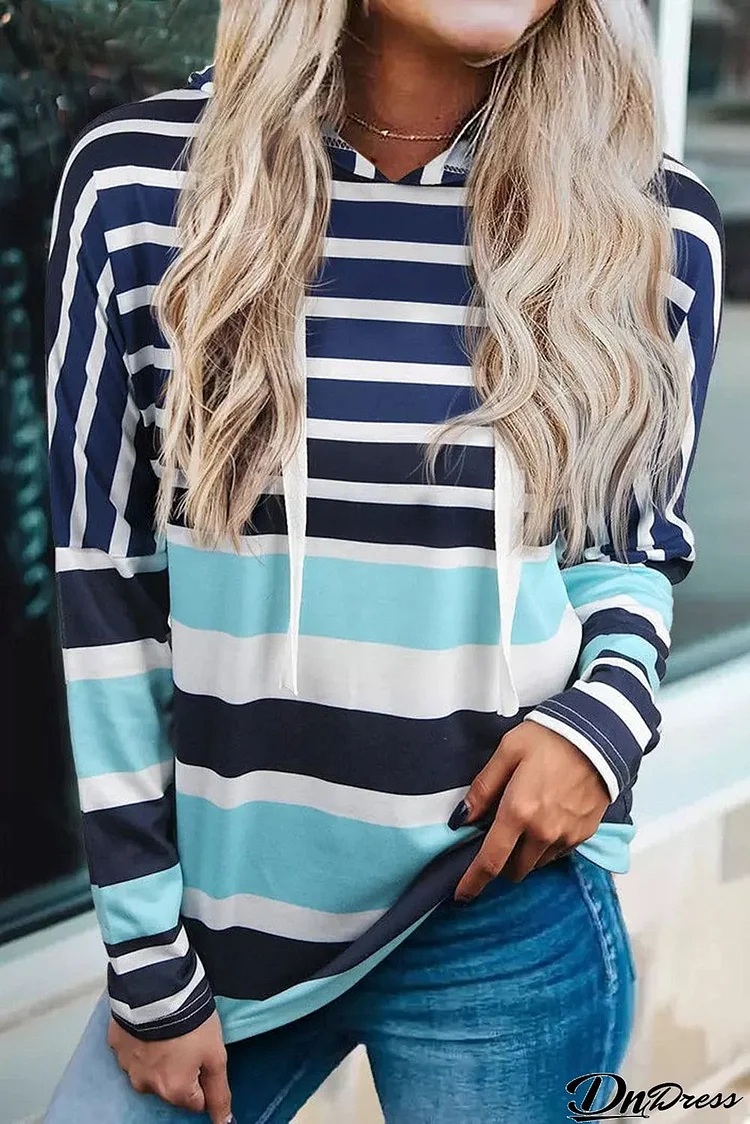 Multi Striped Drawstring Long Sleeve Hoodie