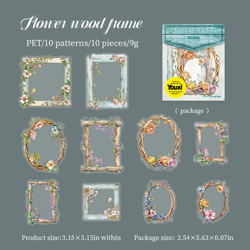 PET Sticker - Forest Language Wooden Frame Series Vintage Flower Border Landscape 