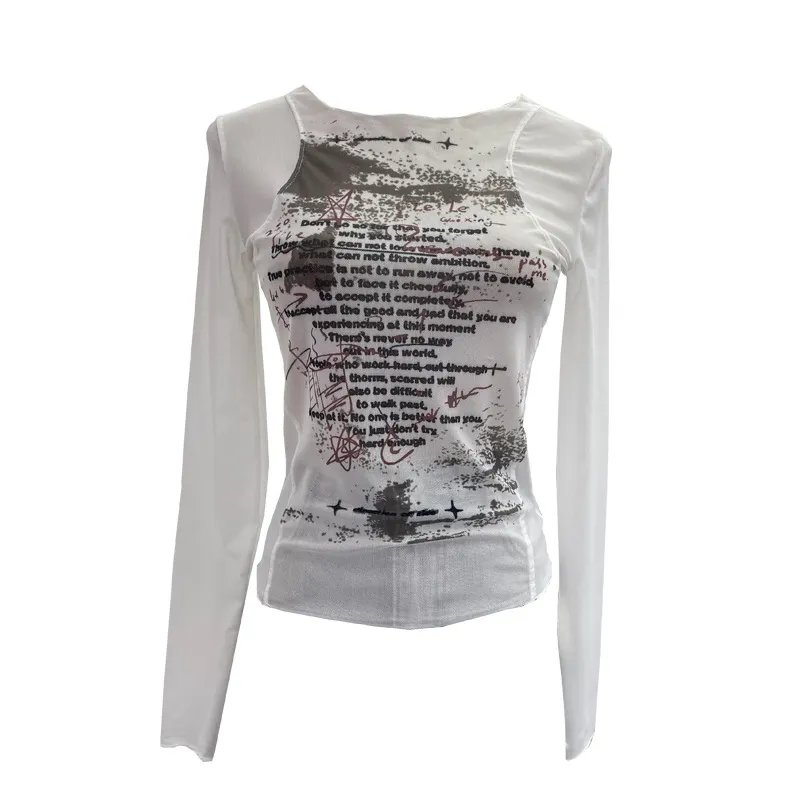 Brownm Graffiti-Printing Mesh T-Shirt 2024 Vintage Spice Girls Slime Long-Sleeved Hooded Top 13213