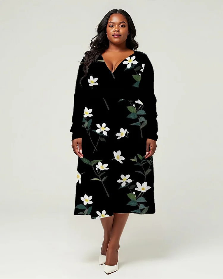 Plus Size Women's Floral Long Sleeve V Neck Dress