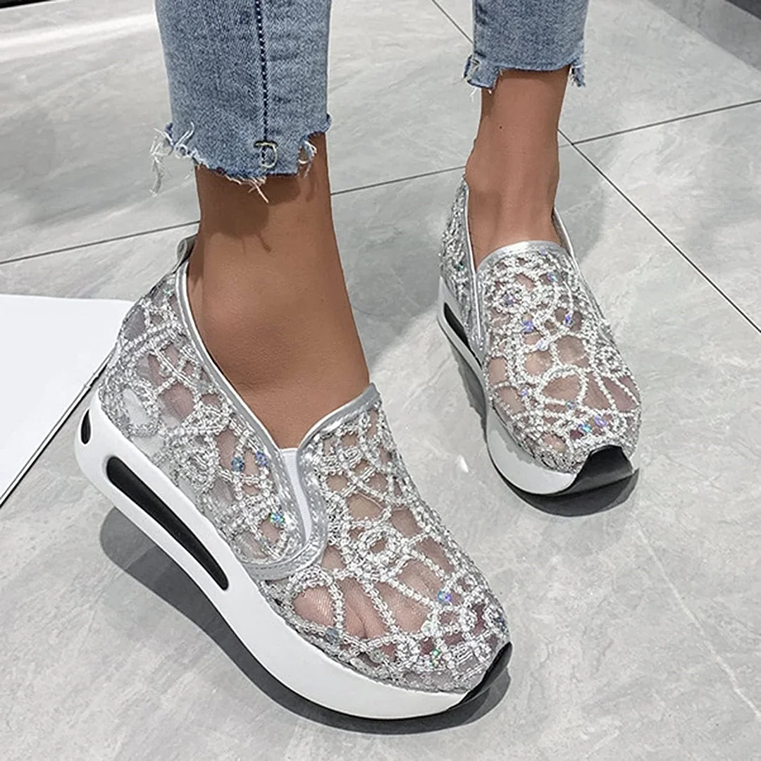 Women plus size clothing Women's Casual Loafers Breathable Lace Mesh Slip-on Muffin Sneakers Shoes-Nordswear