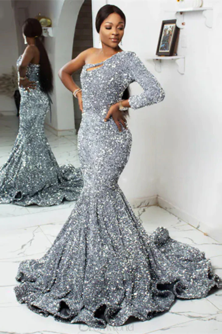 Luxurious Silver One Shoulder Beaded Mermaid Prom Dress Sequins With Long Sleeve | Ballbellas Ballbellas