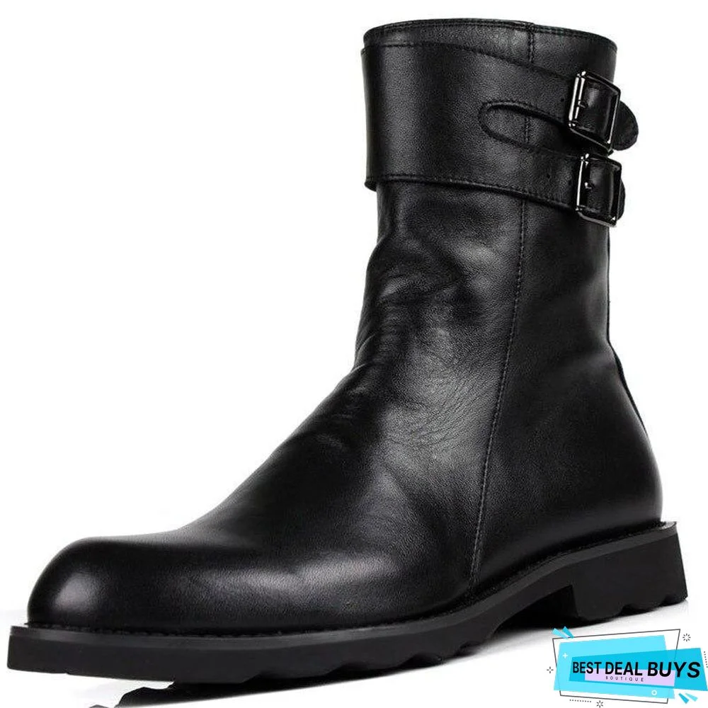 Buckle Design Mens Punk Motorcycle Boots Luxury Genuine Leather Flats Shoes Male High Top Casual Zip Boots