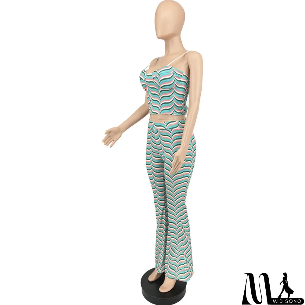 MidiSono - Women's Fashion Print Straps Backless Top Flared Pants Casual Two Piece Set