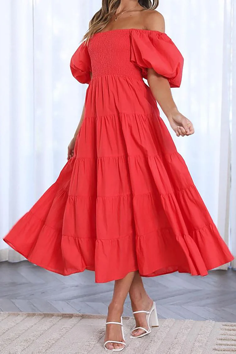 Off Shoulder Boat Neck Puffy Short Sleeve Ruched Tiered Pleated A-Line Midi Dress