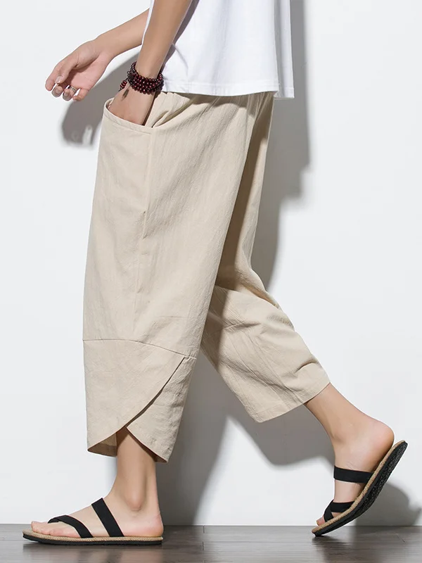 Men's Casual Pocket Drawstring Waist Wrapped Cuff Cotton Linen Crop Harem Pants