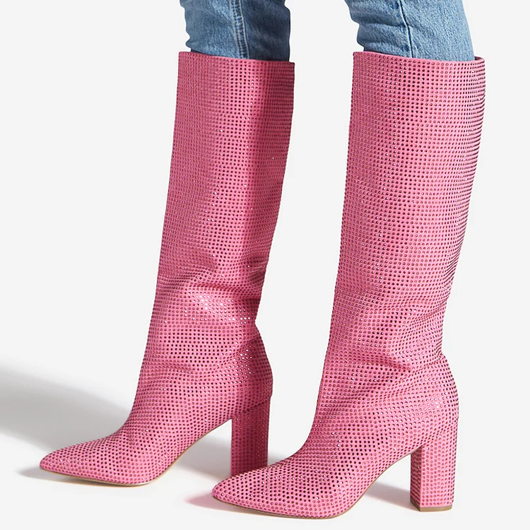 Pink Knee High Boots Rhinestones Glitter Fashion Chunky Heel Boots |FSJ Shoes