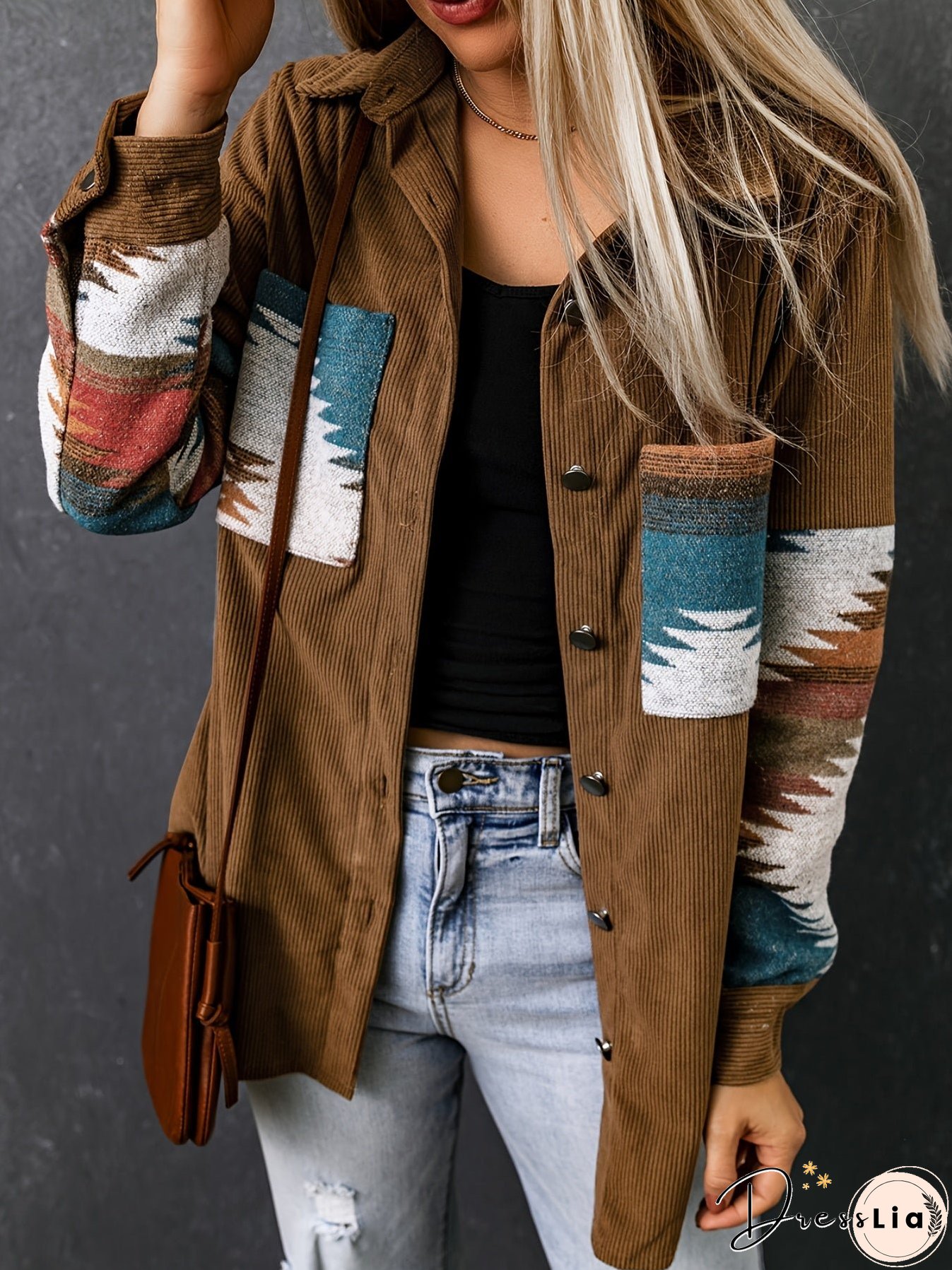 Aztec Pattern Color Block Jacket, Vintage Patched Pocket Corduroy Outwear For Fall & Winter, Women's Clothing