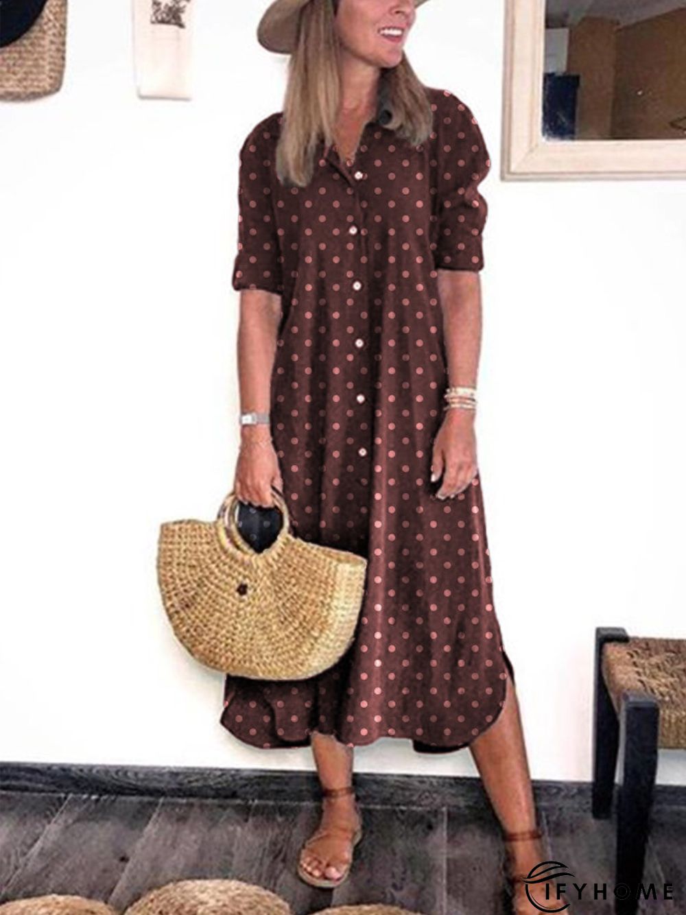 zolucky Casual Polka Dots Turn-Down Collar Buttoned Long Sleeve Dress | IFYHOME
