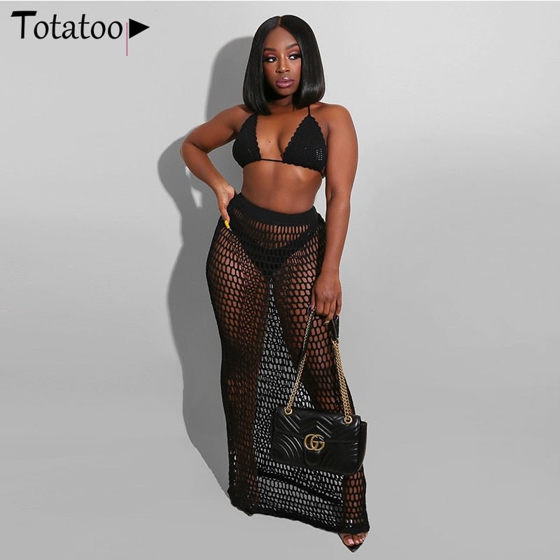 Totatoop Hollow Out Net Sexy Two Piece Set Women 2022 Backless Bandage Strap Halter Crop Top+Long Skirts Beach Outfit Dress 515