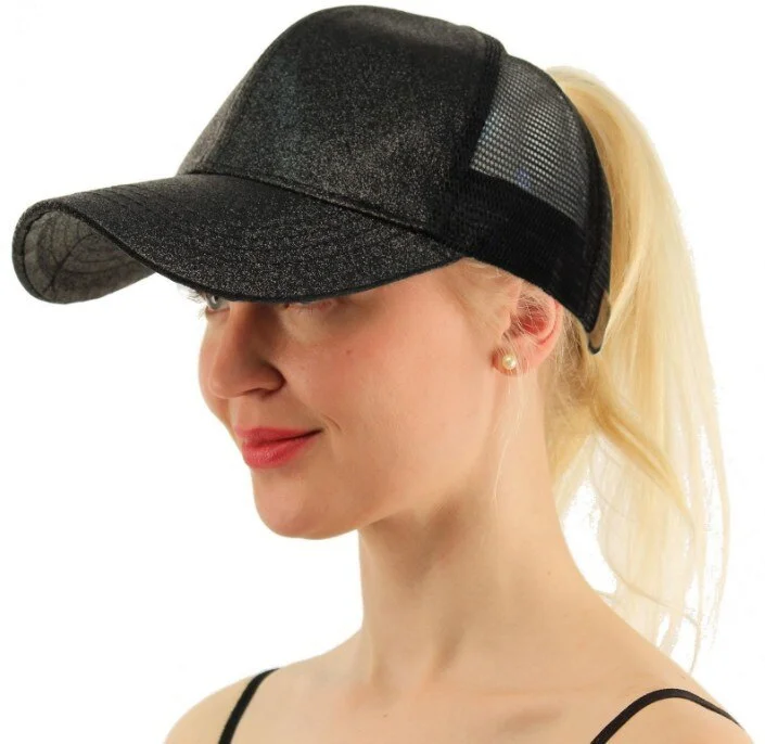 Washed Cotton Adjustable Hats Glitter Women Baseball Cap Ponytail Mesh Snapback Hat Casual Sport Sun Caps Sequins Shining Gorras