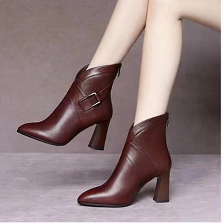 Yyvonne Short-Skinned Women 2025 Autumn And Winter New Pointed Fashion Boots Sexy Leather Boots Coarse Zippered Woman