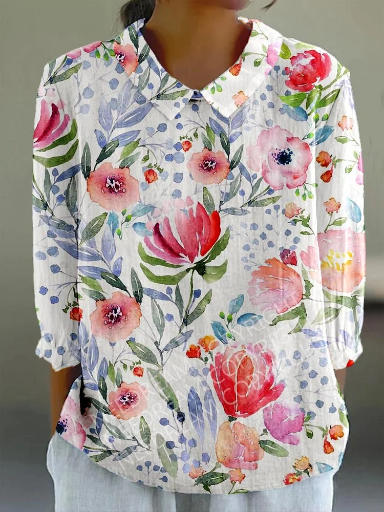 Womens Watercolor Rose  Flower Casual Cotton And Linen Top