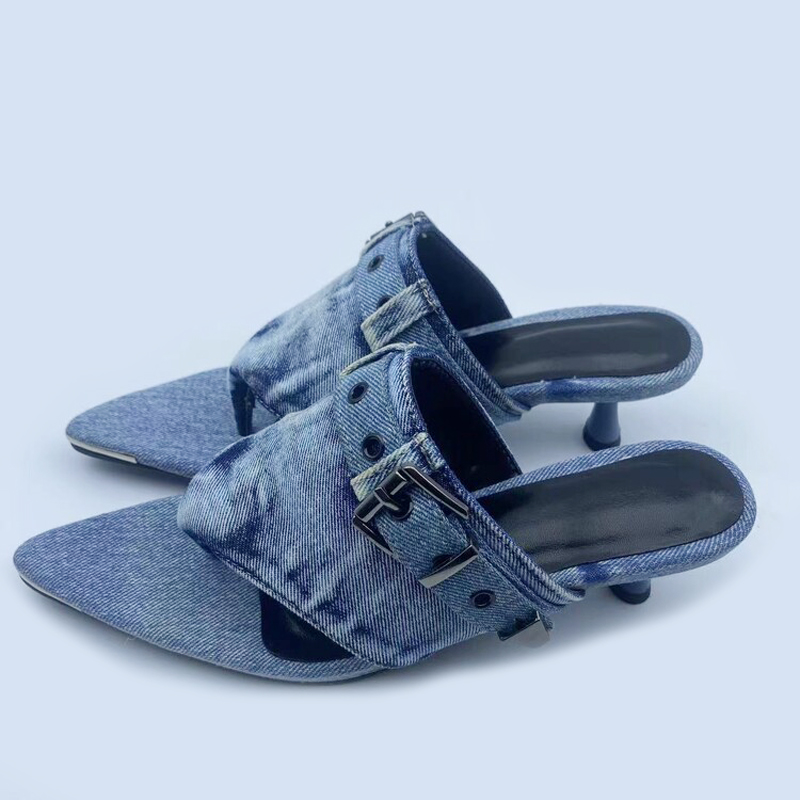 Denim Low Heels Women Clip Toe Slippers Shoes Buckle Straps Thong Dress Sandals Summer Pointed Toe Mules