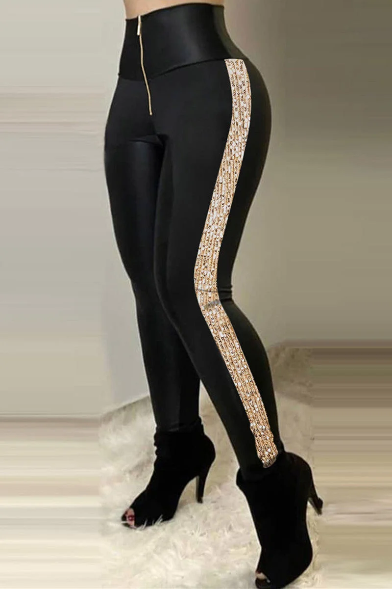 Fashion Casual Patchwork Sequins Skinny High Waist Pencil Trousers