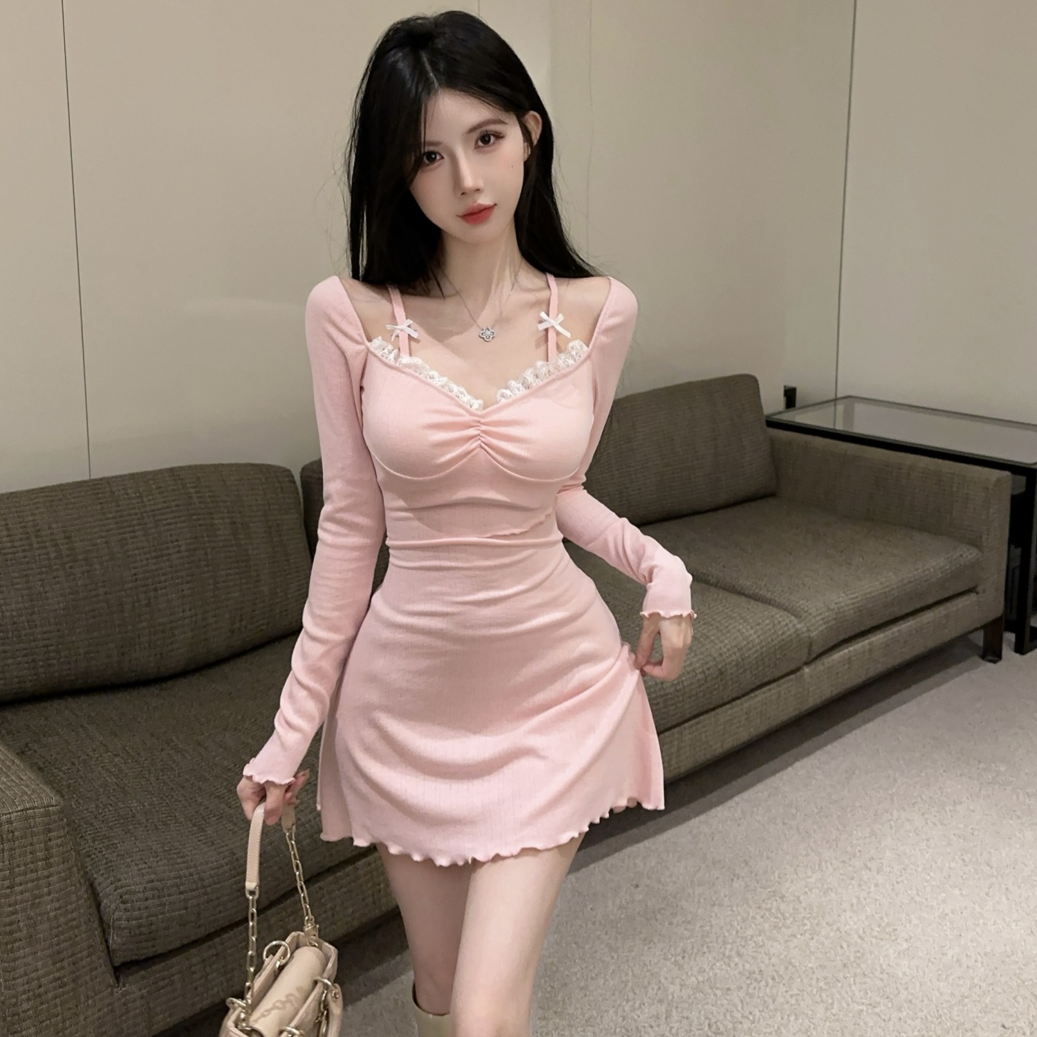 Pazazak Sweet Romantic Pink Lace Splice Long Sve Bridesmaid Dr Women's Faion Outerwear Spring 2025 oulder Bared Gown