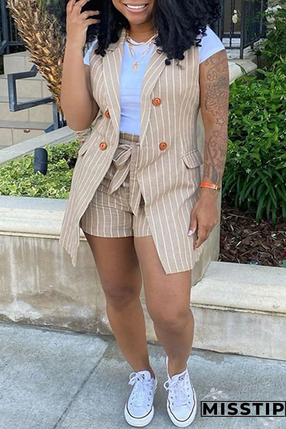 Khaki Fashion Casual Striped Print Patchwork Cardigan Turndown Collar Plus Size Two Pieces (Without T-shirt)