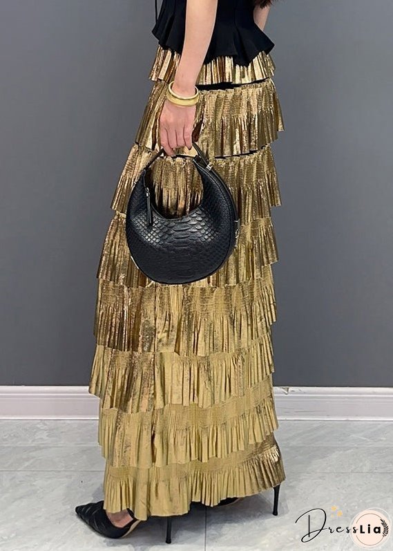 Stylish Gold High Waist Layered Wrinkled Skirts Summer