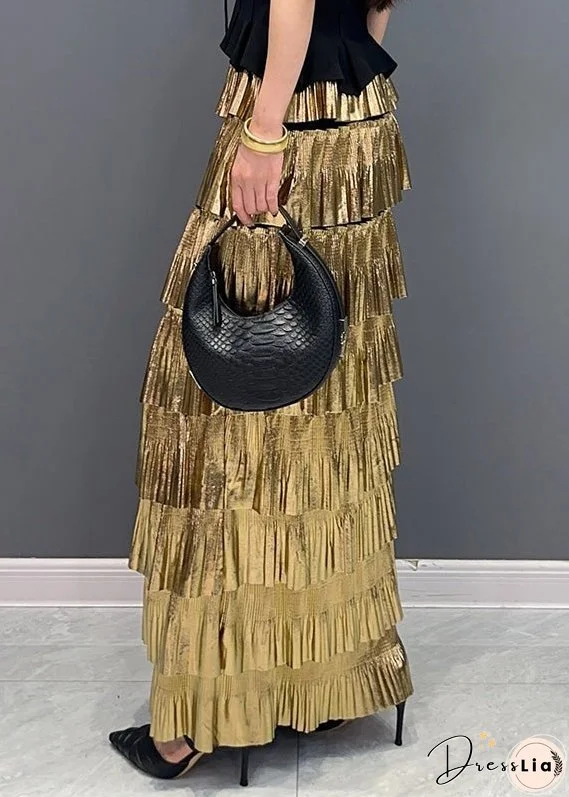 Stylish Gold High Waist Layered Wrinkled Skirts Summer