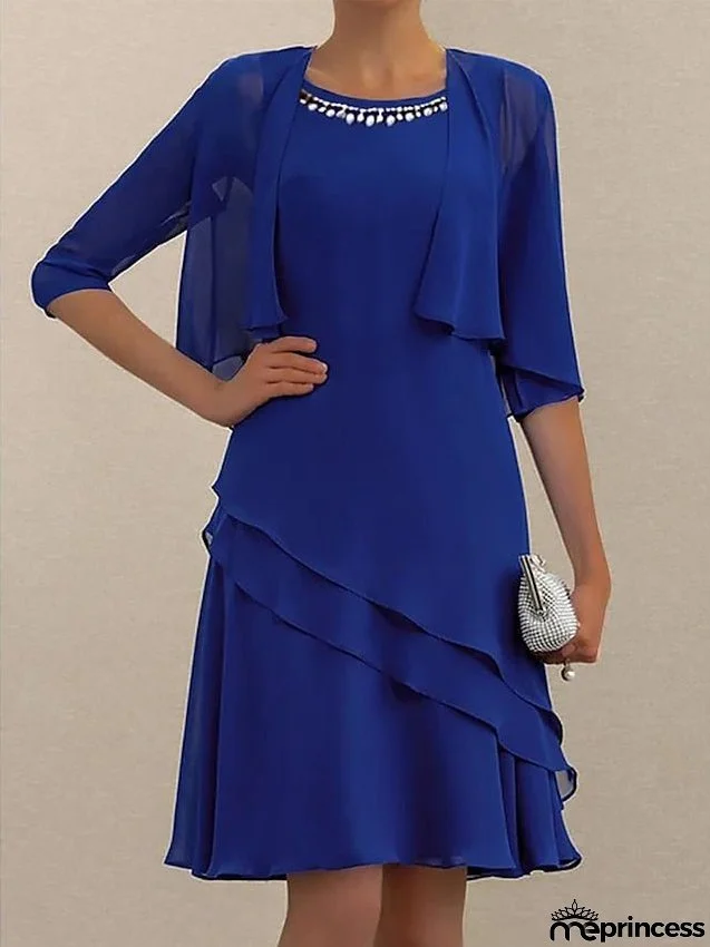 Women's Two Piece Dress Set Work Dress Chiffon Dress Office Work Fashion Elegant Ruffle Patchwork Mini Dress Crew Neck Half Sleeve Plain Regular Fit Blue Summer Spring S M L XL XXL