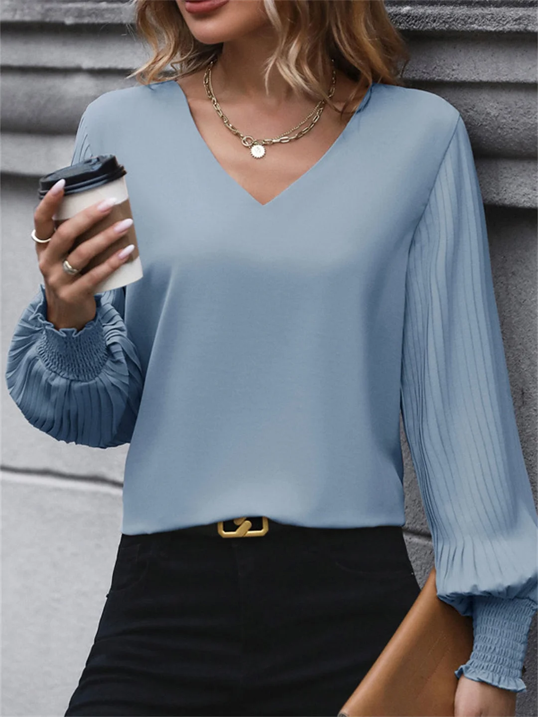 Women Long Sleeve V-neck Solid Color Tops