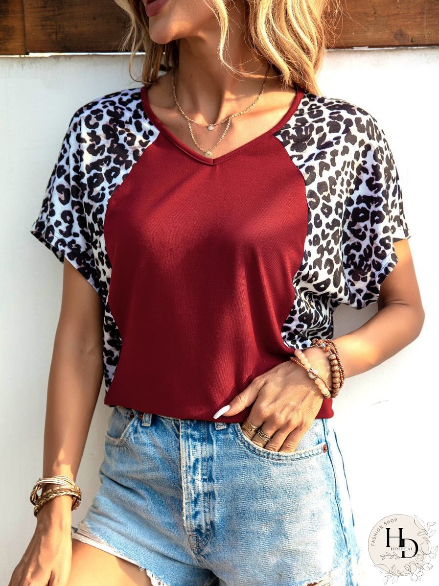 Comfortable Casual V Neck Loose Leopard Print Stitching T Shirt