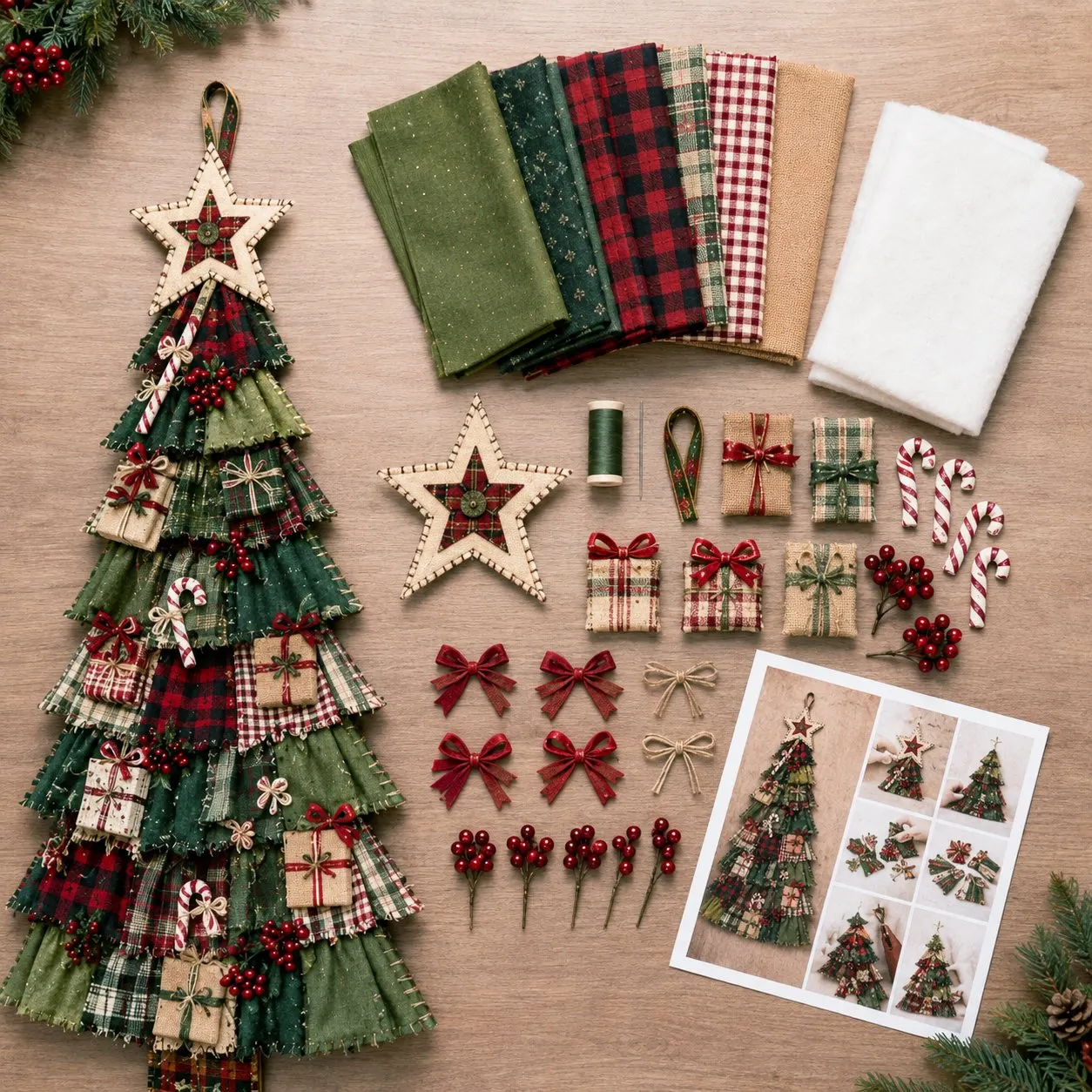 Complete patchwork Christmas tree DIY kit contents