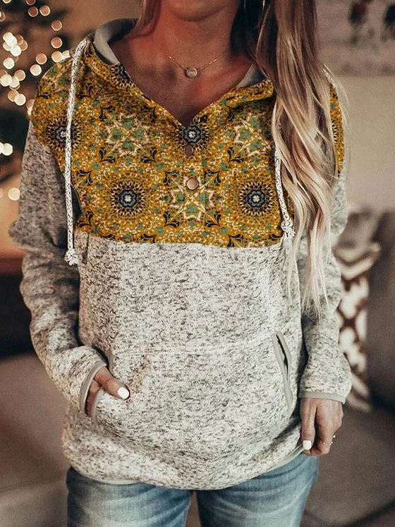 Long Sleeve Cotton-Blend Printed V Neck Sweatshirt