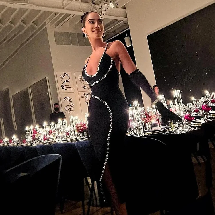 Promsstyle Promsstyle Sexy low u-neck rhinestone slit midi slip dress Prom Dress 2023