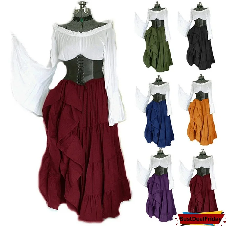 Renaissance Classic Women Vintage Retro Vogue Flare Sleeve Pirate Gypsy Dress Chemise Corset Outfit Waist Steampunk Costume Medieval Court Style Elegant Cosplay Dresses Plus Size