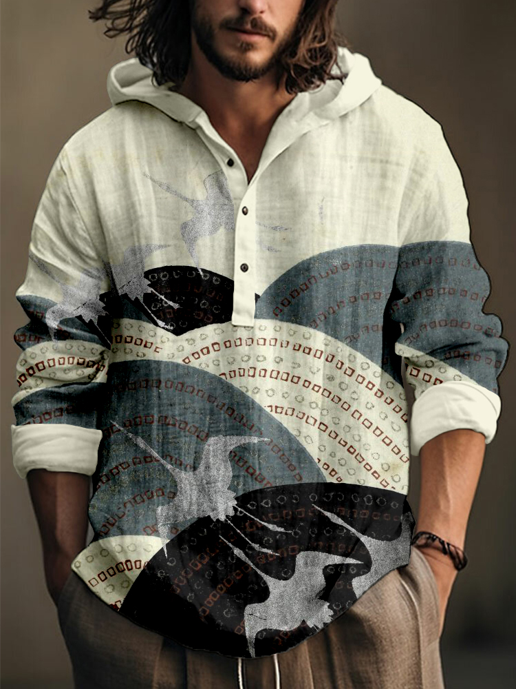 Men's Japanese Flying Cranes Art Linen Blend Cozy Hooded Shirt