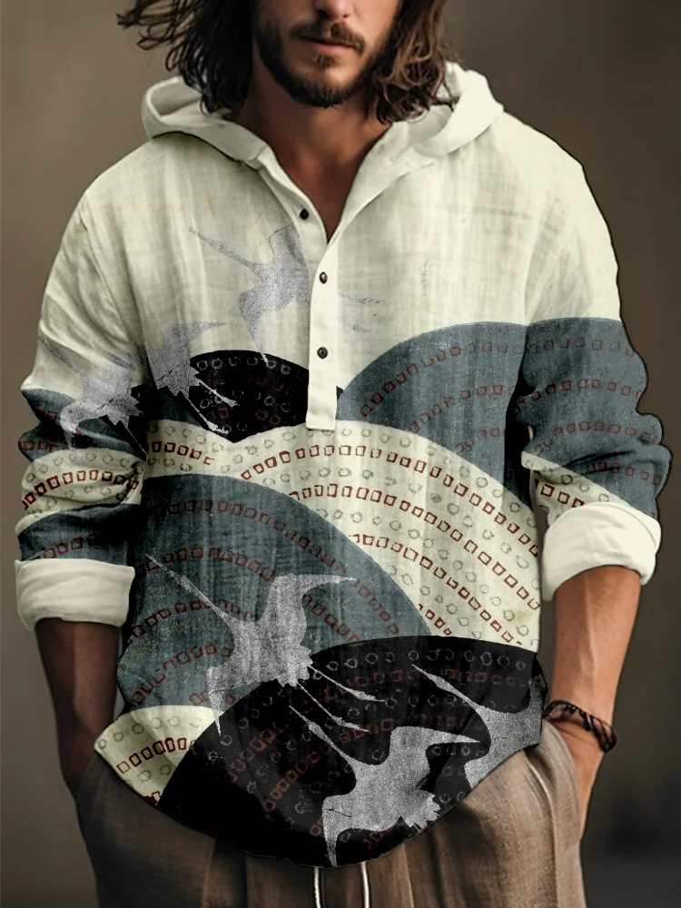 Men's Japanese Flying Cranes Art Linen Blend Cozy Hooded Shirt