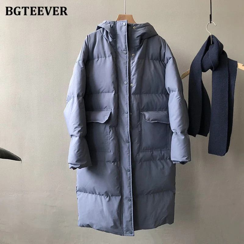 BGTEEVER Thicken Warm Loose Hooded Women Parkas Long Sleeve Cotton Padded Women Down Coats Winter Ladies Down Jackets