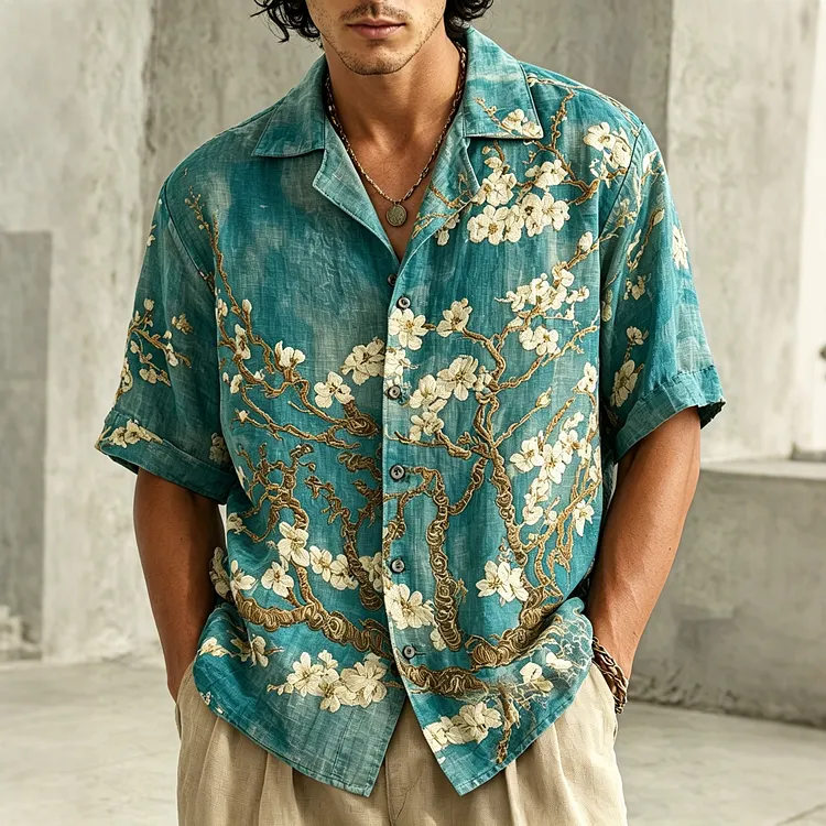 Men's Vintage Flowers Art Casual Linen Shirt