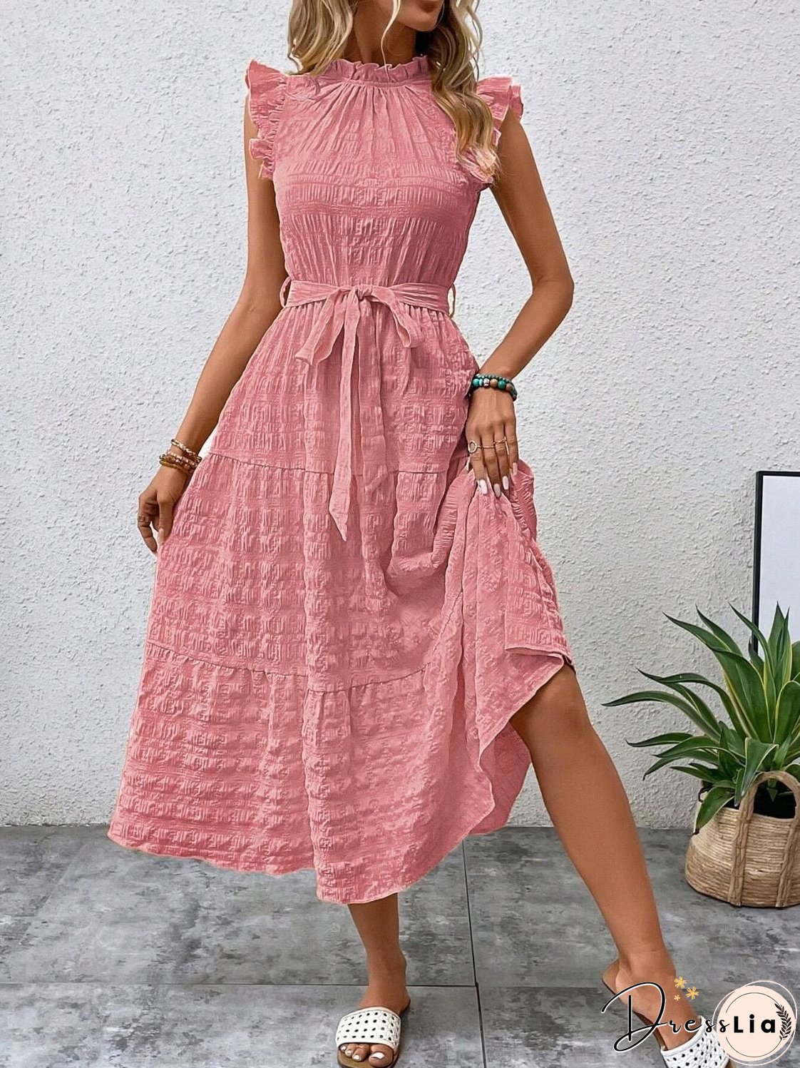 Tied Ruffled Cap Sleeve Midi Dress